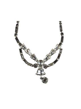 Vtg Leo Glass Rhinestone Silver-Tone Necklace Neutral Elegant Womens Jewelry